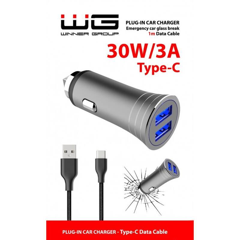 Adaptér do auta WG 2x USB QC 3.0 18 12W USB-C kabel 1m stříbrný šedý