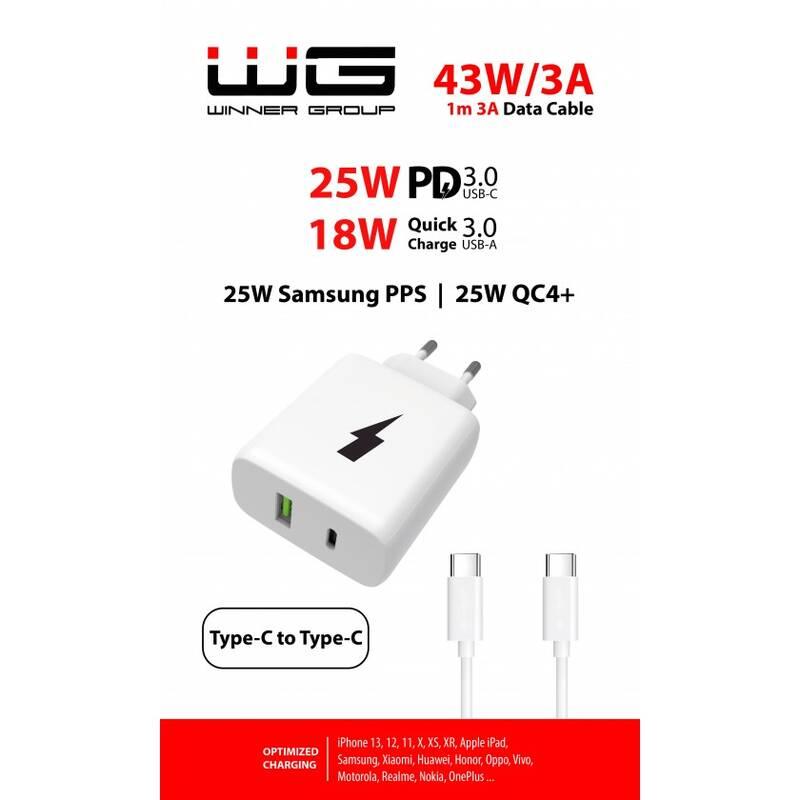 Nabíječka do sítě WG USB QC4 18W, USB-C PD 3.0 25W USB-C kabel 1m bílá