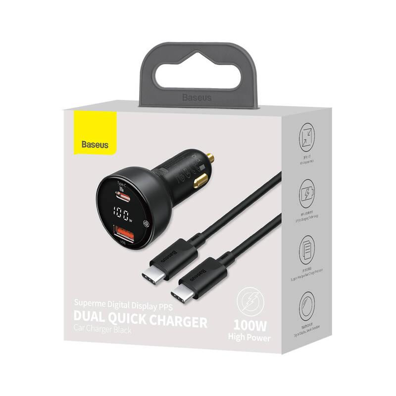 Adaptér do auta Baseus Supreme PPS 1x USB, 1x USB-C 95W USB-C kabel 100W 1m černý