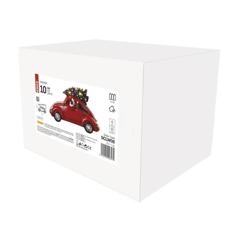 LED dekorace EMOS červené auto se Santou, 12,5 cm, 3x AA, vnitřní, teplá bílá
