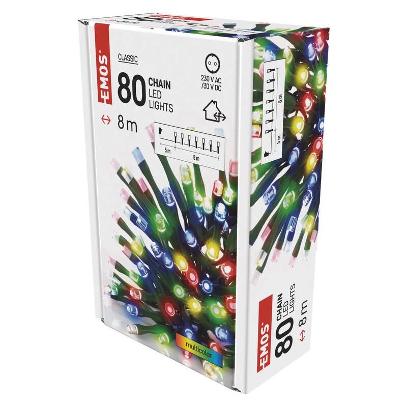 Vánoční osvětlení EMOS 80 LED řetěz, 8 m, venkovní i vnitřní, multicolor, časovač