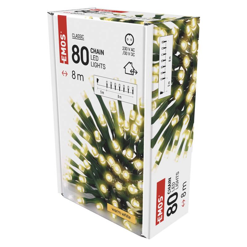 Vánoční osvětlení EMOS 80 LED řetěz, 8 m, venkovní i vnitřní, teplá bílá, časovač