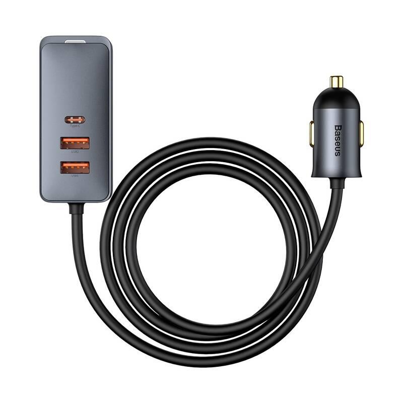 Adaptér do auta Baseus 3x USB, 1x USB-C 120W, s prodlužovacím kabelem 1,5 m šedý