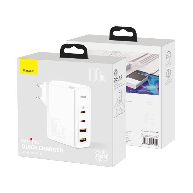 Nabíječka do sítě Baseus GaN2 Pro, 2x USB-C, 2x USB-A, 100W bílá