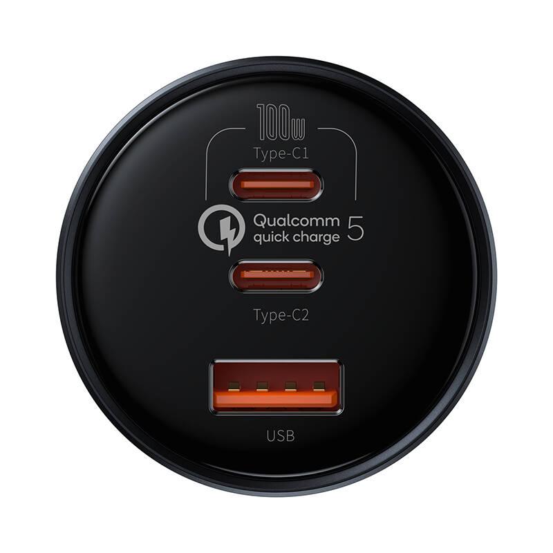Adaptér do auta Baseus QC 5, 1x USB, 2x USB-C 160W kabel USB-C 100W 1m černý