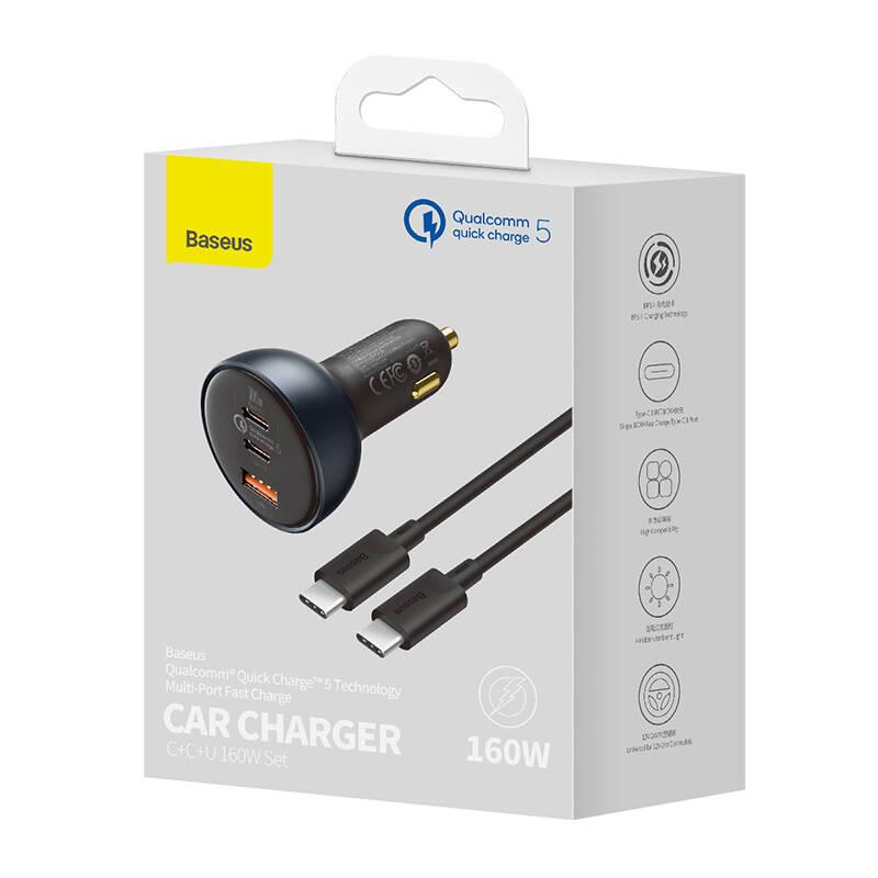 Adaptér do auta Baseus QC 5, 1x USB, 2x USB-C 160W kabel USB-C 100W 1m černý