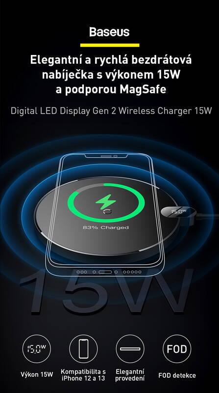 Bezdrátová nabíječka Baseus Digital LED Gen 2 15W černá