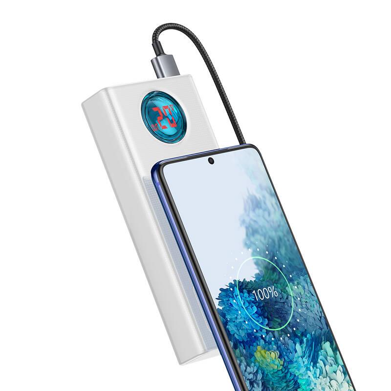 Powerbank Baseus Amblight s digitálním displejem QC 30000mAh a kabel USB-C do USB-C 100W 1m bílá