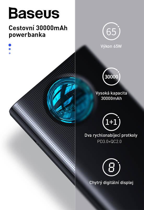 Powerbank Baseus Amblight s digitálním displejem QC 30000mAh a kabel USB-C do USB-C 100W 1m bílá