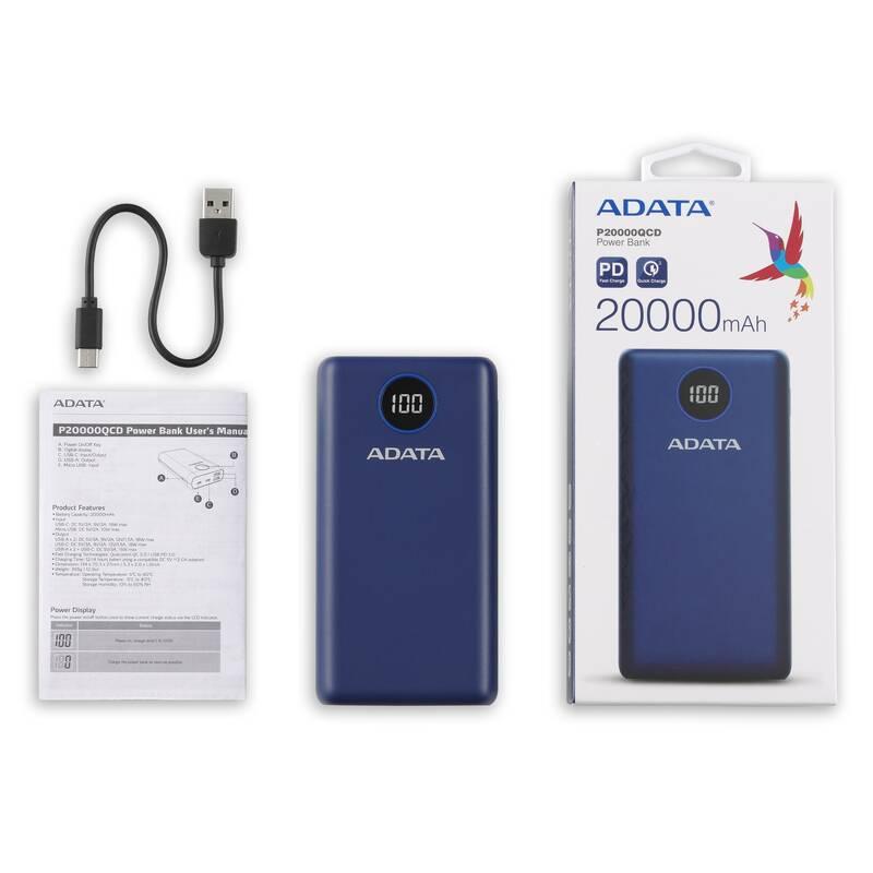 Powerbank ADATA P20000QCD 20000mAh, QC 3.0, PD 3.0 modrá, Powerbank, ADATA, P20000QCD, 20000mAh, QC, 3.0, PD, 3.0, modrá