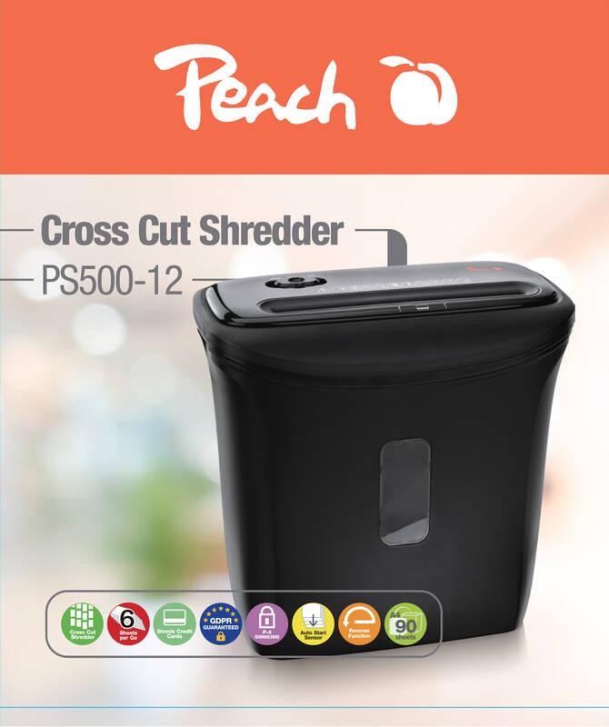 Skartovač Peach Cross Cut Shredder PS500-12, P-4, 6 listů, křížový řez, 12 l černý