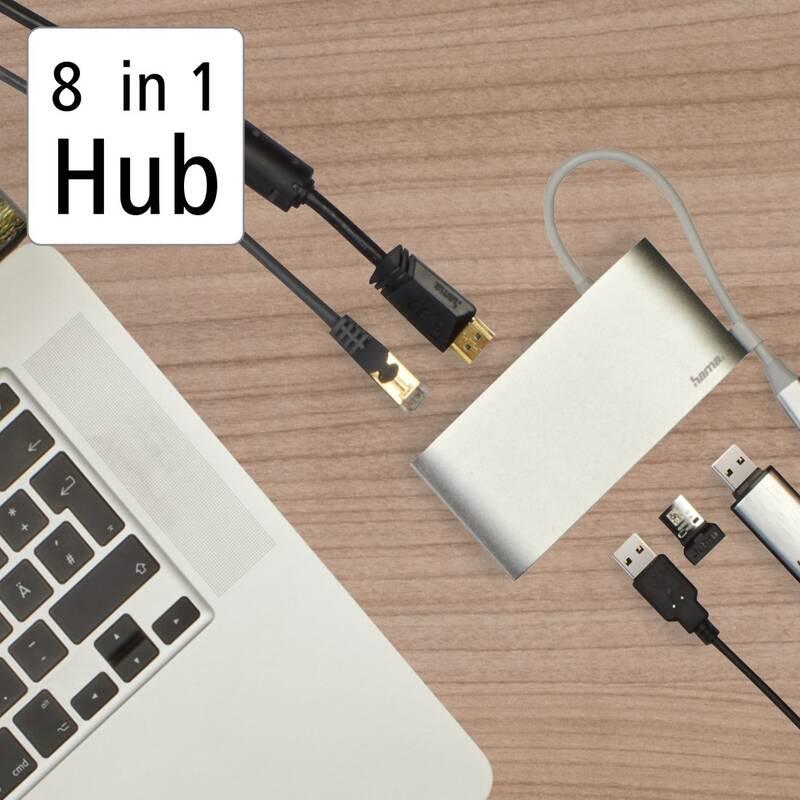 USB Hub Hama Multiport, 8 připojení, 3x USB-A, 2x USB-C, VGA, HDMI, LAN