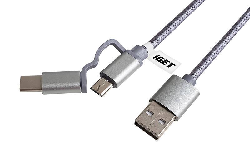 Kabel iGET USB USB-C micro USB, 1m stříbrný, Kabel, iGET, USB, USB-C, micro, USB, 1m, stříbrný