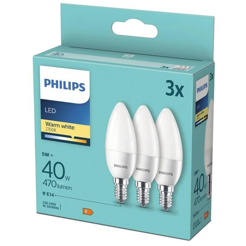 Žárovka LED Philips svíčka, 5W, E14, teplá bílá, 3ks