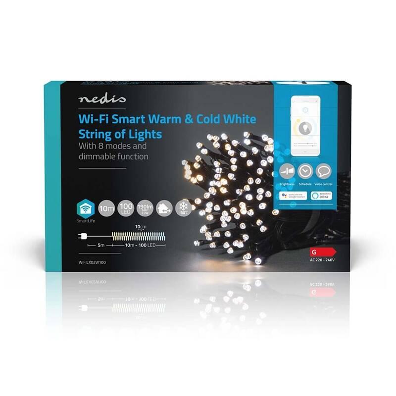 Vánoční osvětlení Nedis SmartLife LED, Wi-Fi, Teplá až studená bílá, 100 LED, 10 m, Android IOS