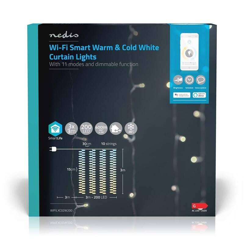 Vánoční osvětlení Nedis SmartLife LED, Wi-Fi, Teplá až studená bílá, 200 LED, 3 m, Android IOS
