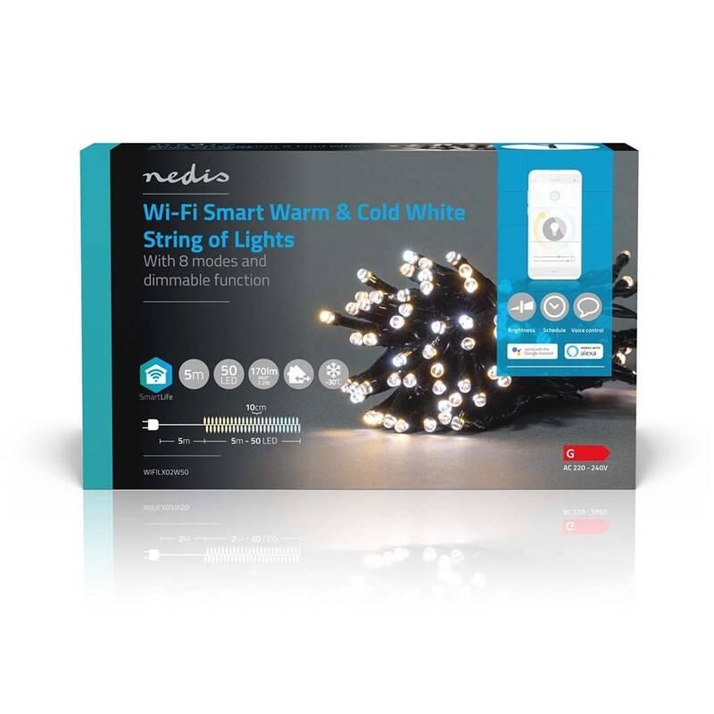 Vánoční osvětlení Nedis SmartLife LED, Wi-Fi, Teplá až studená bílá, 50 LED, 5 m, Android IOS