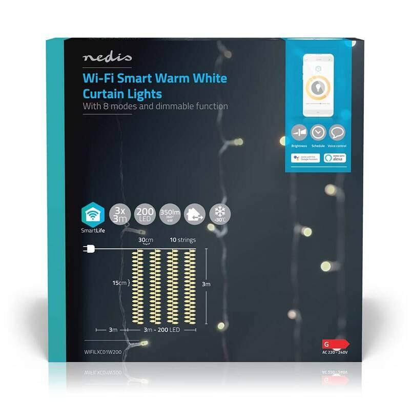 Vánoční osvětlení Nedis SmartLife LED, Wi-Fi, Teplá bílá, 200 LED, 3 m, Android IOS