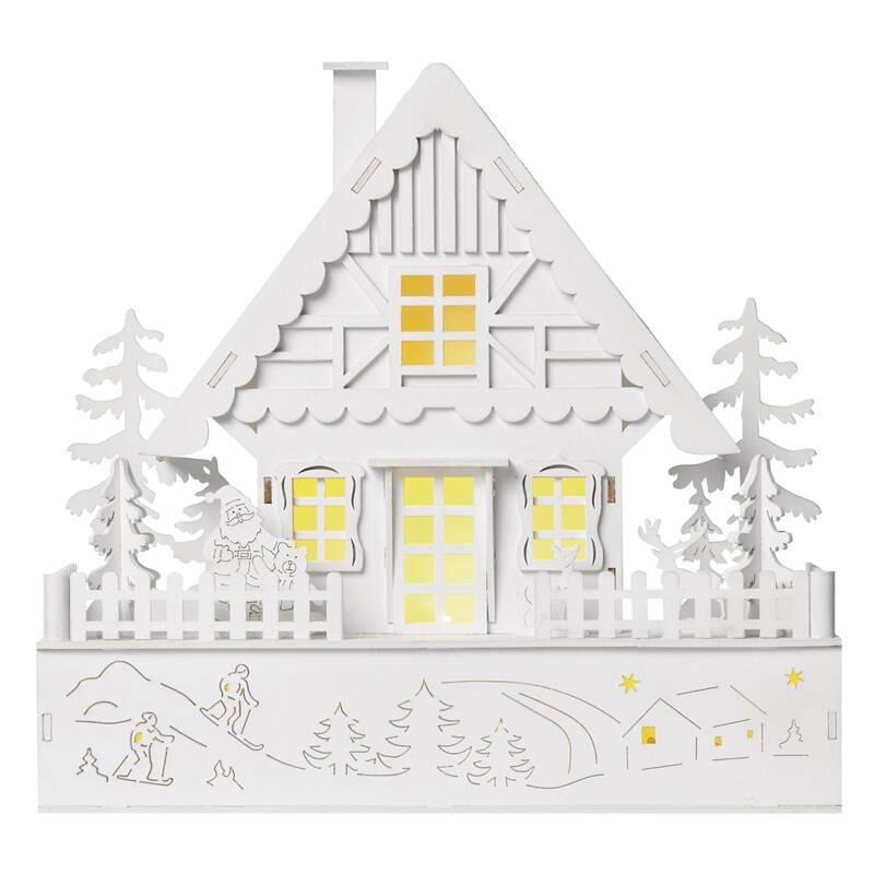 LED dekorace EMOS vánoční domek dřevěný, 28 cm, 2x AA, vnitřní, teplá bílá, časovač