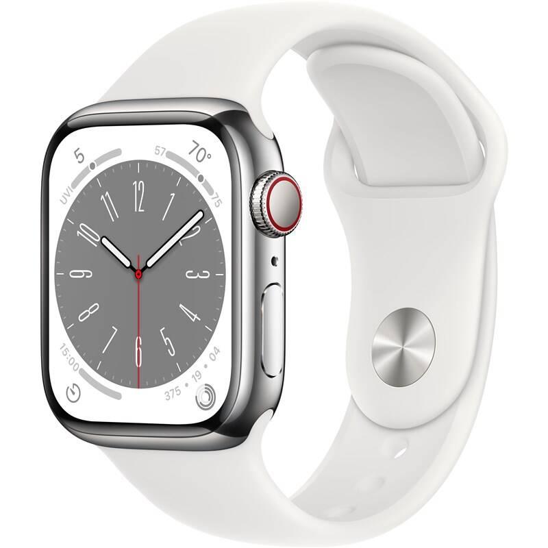 Chytré hodinky Apple Watch Series 8 GPS Cellular 45mm pouzdro ze stříbrné nerezové oceli - bílý sportovní řemínek