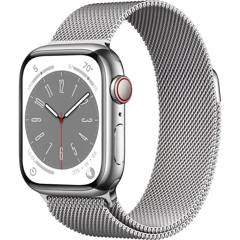 Chytré hodinky Apple Watch Series 8 GPS Cellular 45mm pouzdro ze stříbrné nerezové oceli - stříbrný milánský tah, Chytré, hodinky, Apple, Watch, Series, 8, GPS, Cellular, 45mm, pouzdro, ze, stříbrné, nerezové, oceli, stříbrný, milánský, tah