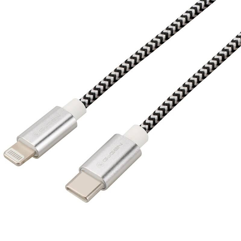 Kabel GoGEN USB-C Lightning, 2m, opletený stříbrný, Kabel, GoGEN, USB-C, Lightning, 2m, opletený, stříbrný