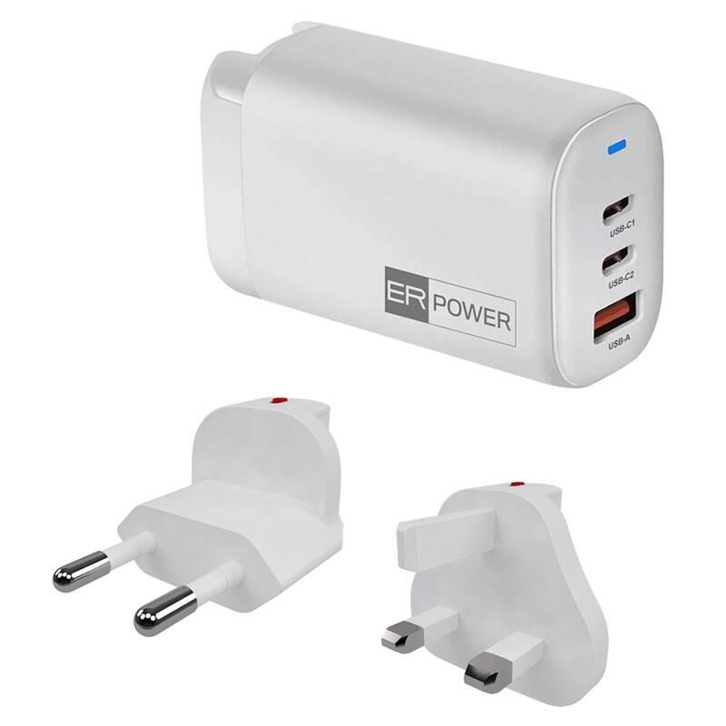 Nabíječka do sítě ER Power GaN 2xUSB-C, USB-A, 65W bílá