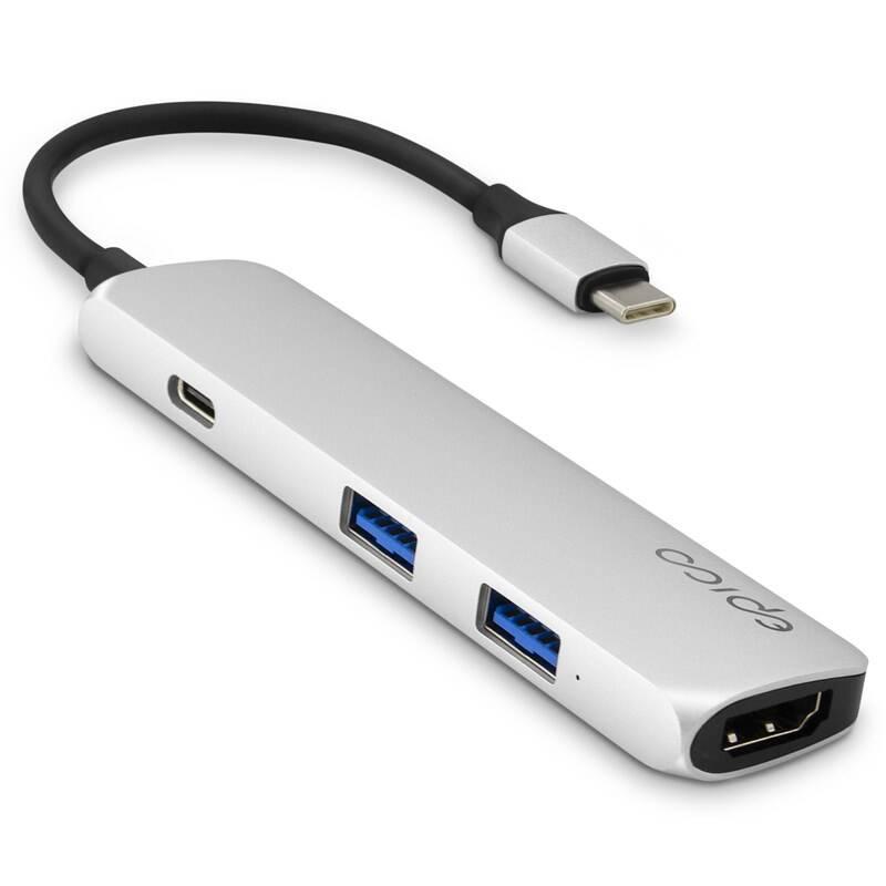 USB Hub Epico USB-C 4K HDMI, USB-C 3.0 PD 60W, 2x USB stříbrný