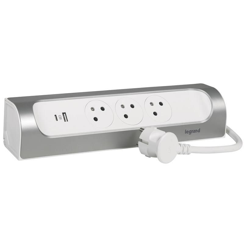 Kabel prodlužovací Legrand 3x zásuvka, USB, 1m bílý hliník