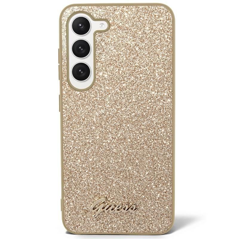 Kryt na mobil Guess Glitter Flakes Metal Logo na Samsung Galaxy S23 zlatý