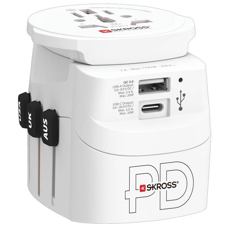 Cestovní adaptér SKROSS PRO Light USB AC30PD World, 7A max., USB A C, PD 30W, UK USA Austrálie Čína