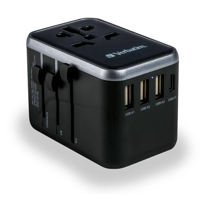 Cestovní adaptér Verbatim UTA-04 s 1 x USB-C PD 61W & QC 3.0 1 x USB-C 3 x USB-A černý, Cestovní, adaptér, Verbatim, UTA-04, s, 1, x, USB-C, PD, 61W, &, QC, 3.0, 1, x, USB-C, 3, x, USB-A, černý