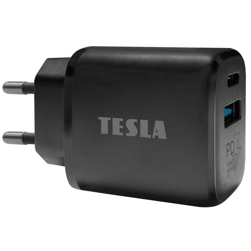 Nabíječka do sítě Tesla Power Charger T220, 1×USB, 1× USB-C 25 W PD 3.0 černá