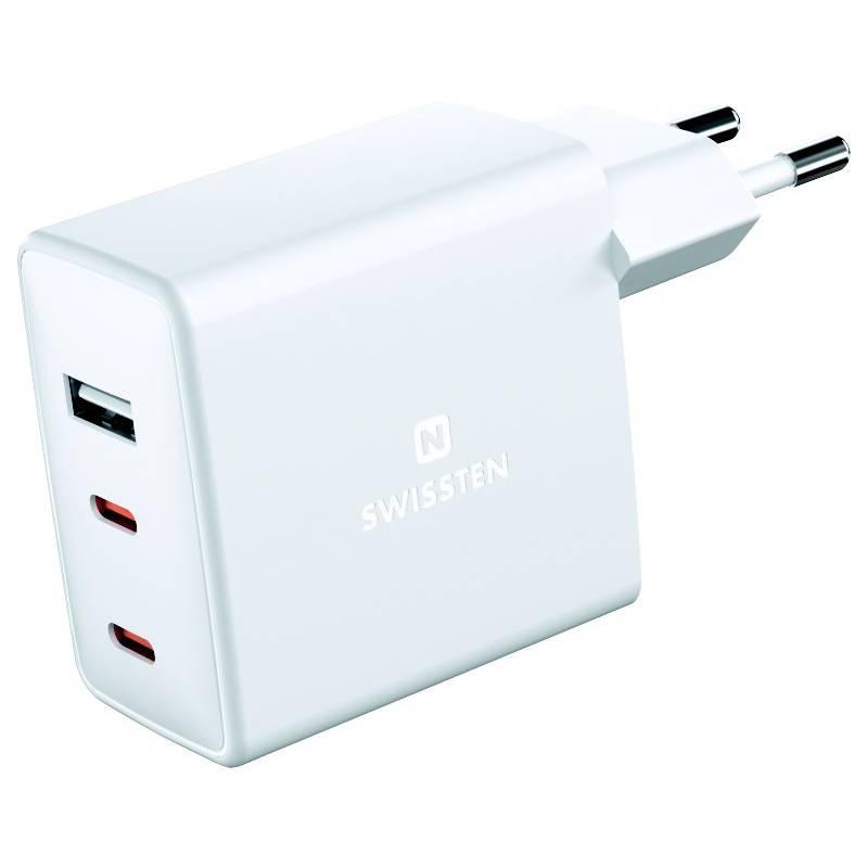 Nabíječka do sítě Swissten GaN 70W, 2x USB-C, 1x USB bílá