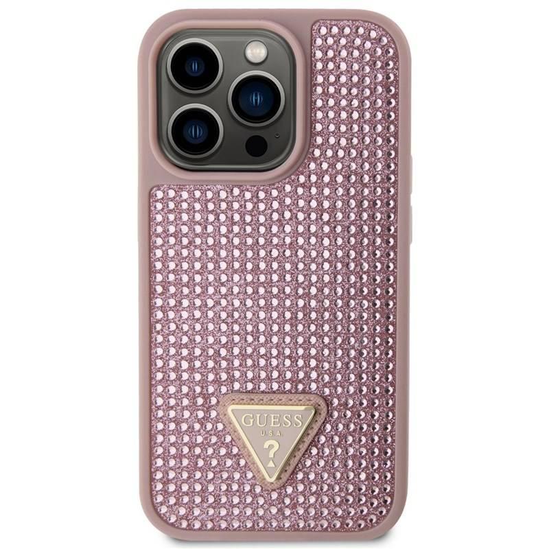 Kryt na mobil Guess Rhinestones Triangle Metal Logo na Apple iPhone 14 Pro růžový