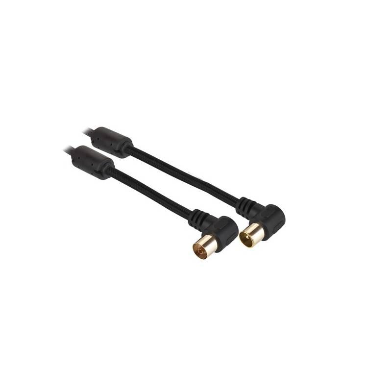 Koaxiální kabel GoGEN 1,2m, pozlacený, opletený, feritový filtr, 90° úhlový konektor černý