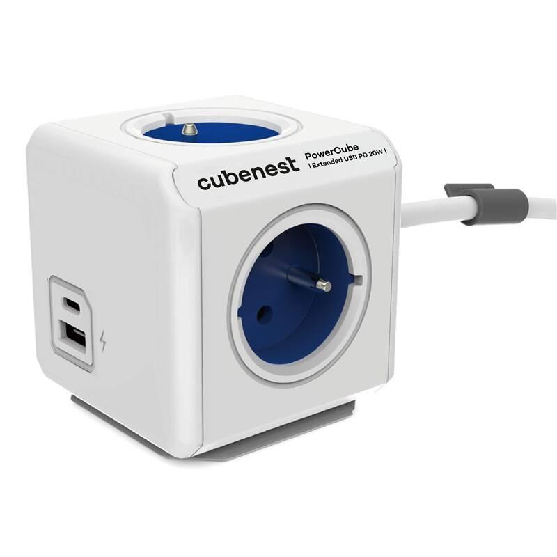Kabel prodlužovací CubeNest Powercube Extended USB PD 20W, USB, USB-C, 4x zásuvka, 1,5m bílý modrý
