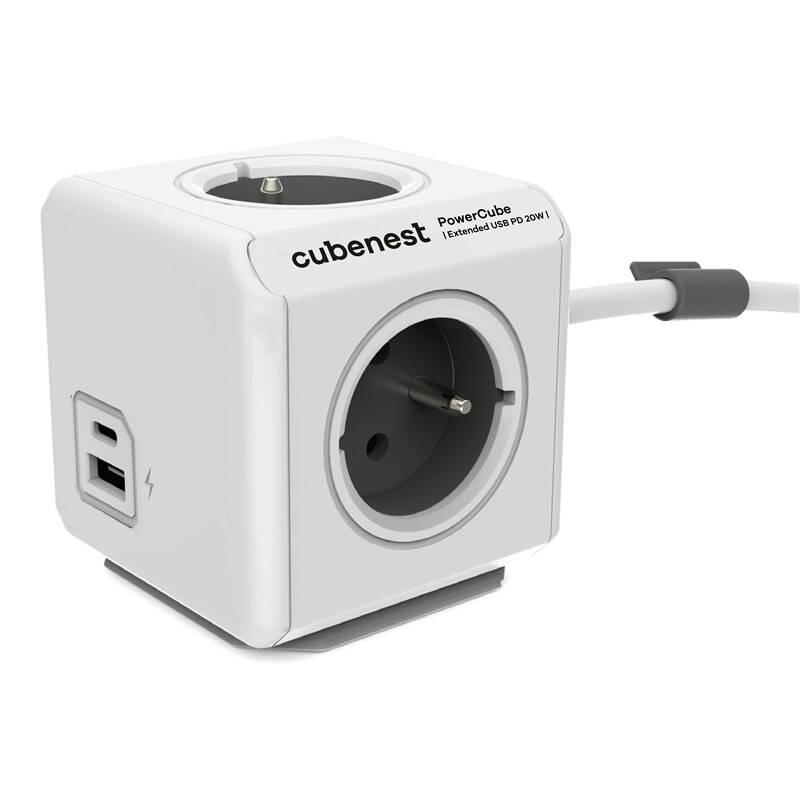 Kabel prodlužovací CubeNest Powercube Extended USB PD 20W, USB, USB-C, 4x zásuvka, 1,5m šedý bílý