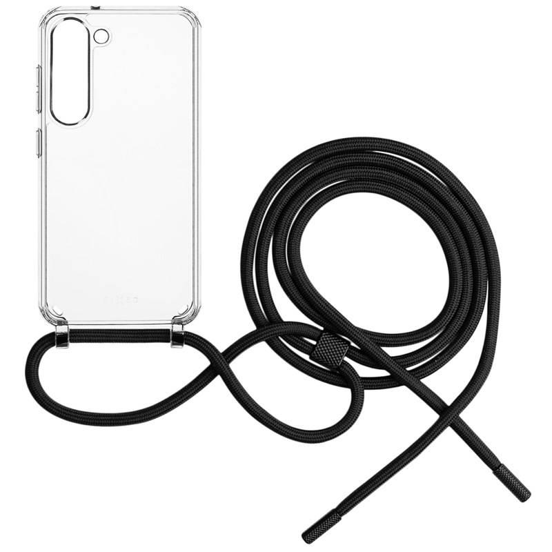 Kryt na mobil FIXED Pure Neck s černou šňůrkou na krk na Samsung Galaxy S23 průhledný