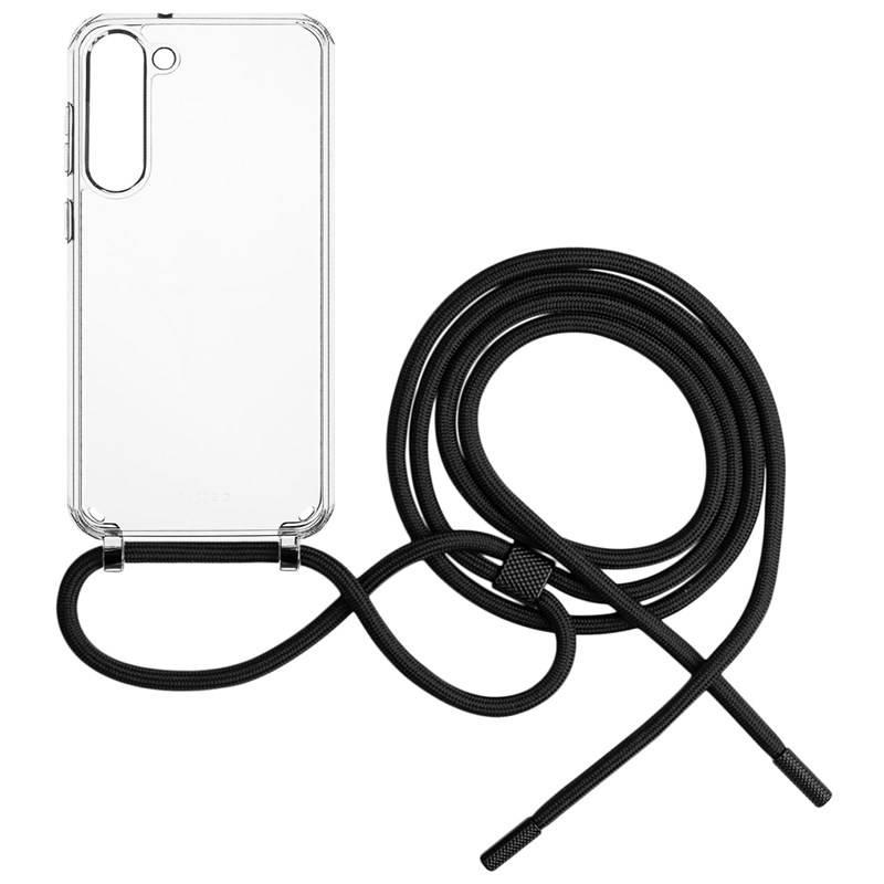 Kryt na mobil FIXED Pure Neck s černou šňůrkou na krk na Samsung Galaxy S23 průhledný