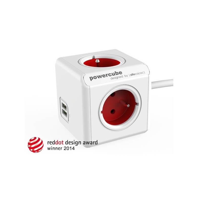 Kabel prodlužovací Powercube Extended USB, 4x zásuvka, 2x USB, 1,5m bílá červená