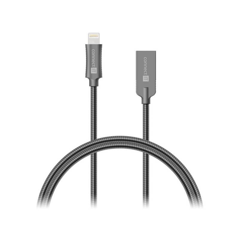 Kabel Connect IT Wirez Steel Knight USB Lightning, ocelový, opletený, 1m šedý