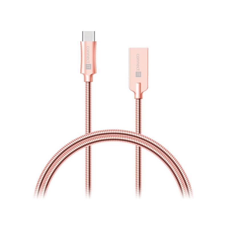 Kabel Connect IT Wirez Steel Knight USB USB-C, ocelový, opletený, 1m růžový zlatý