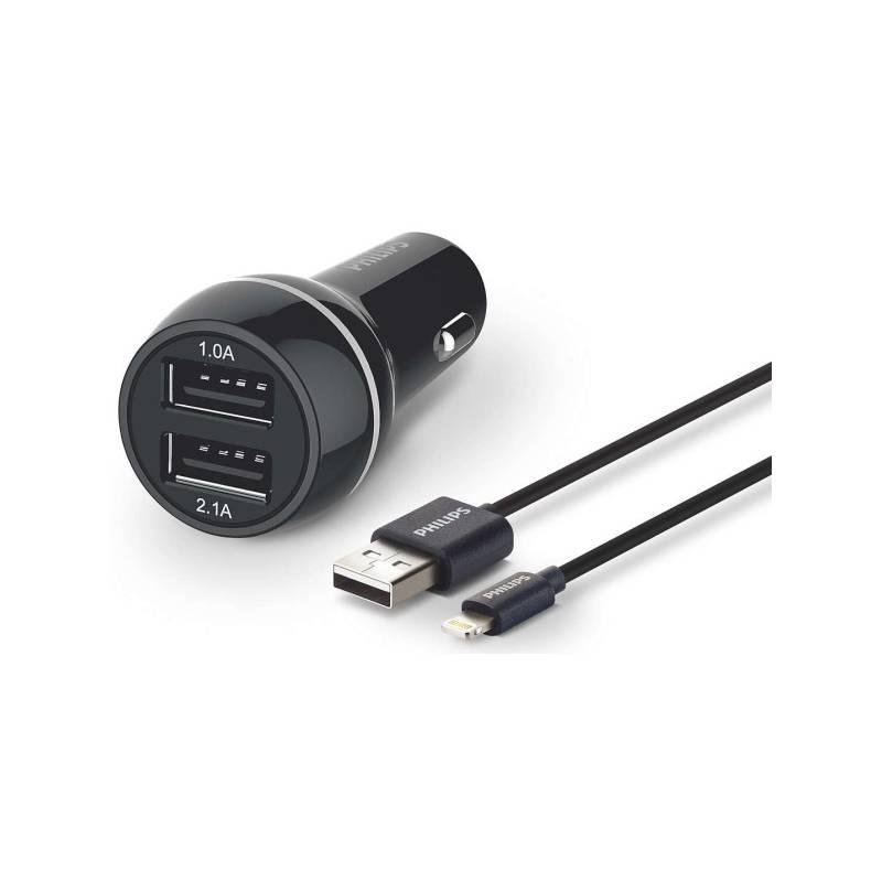 Adaptér do auta Philips DLP2357V, 2x USB, 3,1A Lightning kabel černý