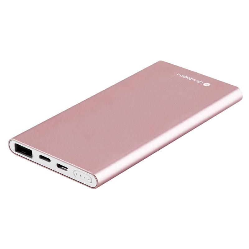 Powerbank GoGEN 5000 mAh, vstup mikro USB 5V 2A, vstup Lightning 5V 1A, výstup USB 5V 2,1A růžová
