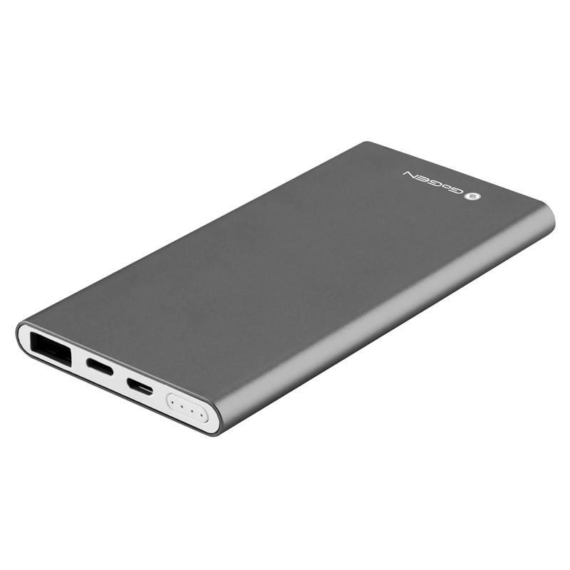 Powerbank GoGEN 5000 mAh, vstup mikro USB 5V 2A, vstup Lightning 5V 1A, výstup USB 5V 2,1A šedá
