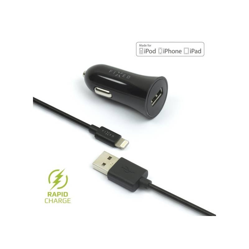 Adaptér do auta FIXED 1x USB, 2,4A Lightning kabel černý