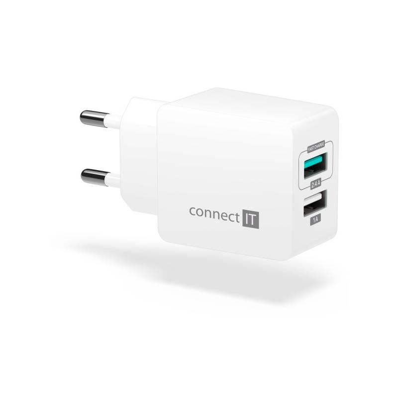 Nabíječka do sítě Connect IT Fast Charge 2x USB, 3,4A s funkcí rychlonabíjení bílá