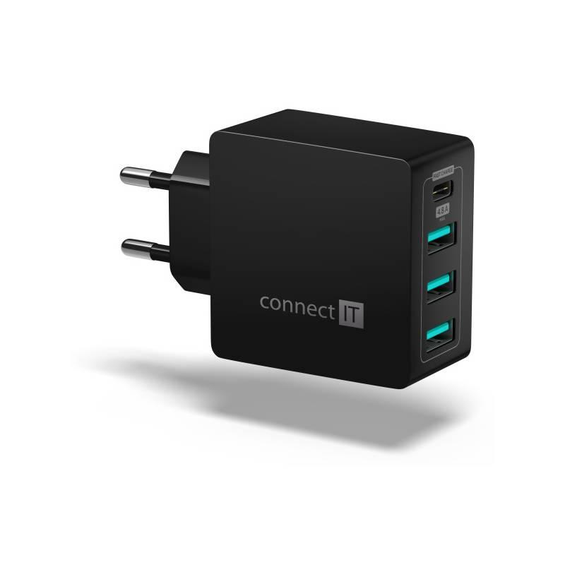 Nabíječka do sítě Connect IT Fast Charge 3x USB 1x USB-C, 4,8A s funkcí rychlonabíjení černá