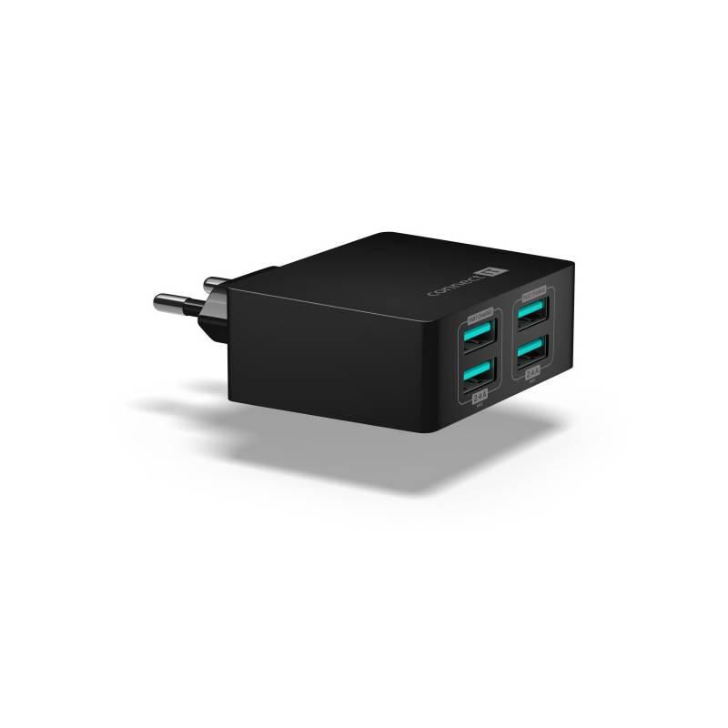 Nabíječka do sítě Connect IT Fast Charge 4x USB, 4,8A s funkcí rychlonabíjení černá
